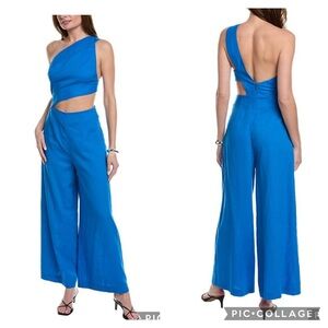 FARM Rio Blue Asymmetrical One Shoulder Linen Blend Jumpsuit Size L